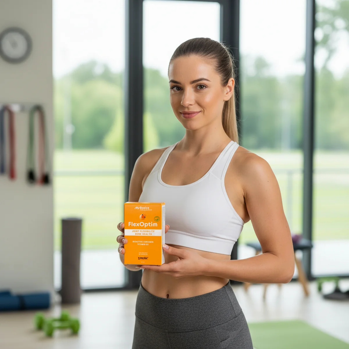 Mladá žena ve fitness drží balení FlexOptim – kurkumin a vitamin D3 pro klouby při sportu